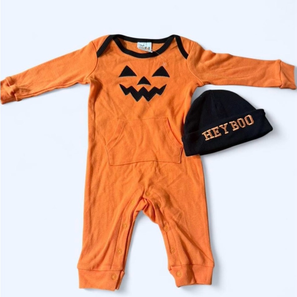 Joyful Moments Orange Pumpkin Baby Romper with Beanie